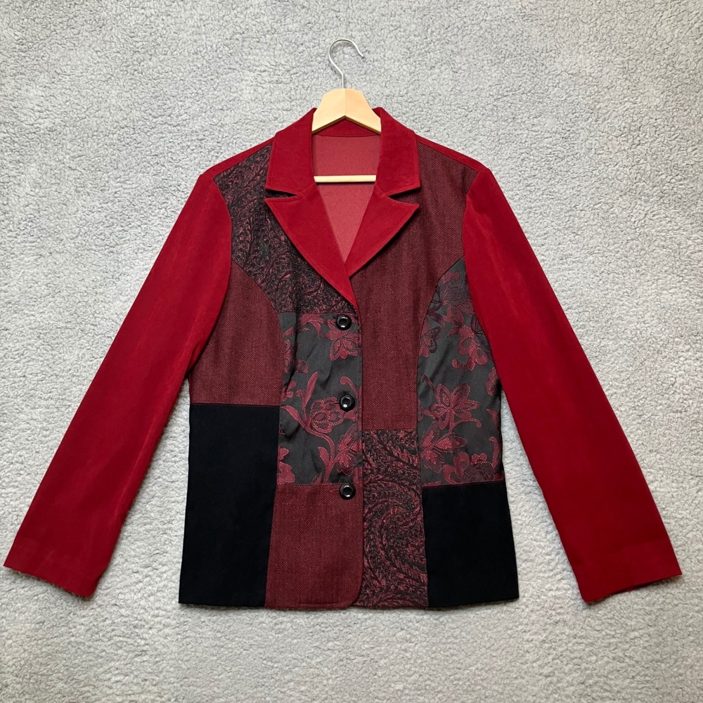 VTG Patchwork Blazer Jacket Women L Red Black Floral Brocade Whimsigoth Artsy